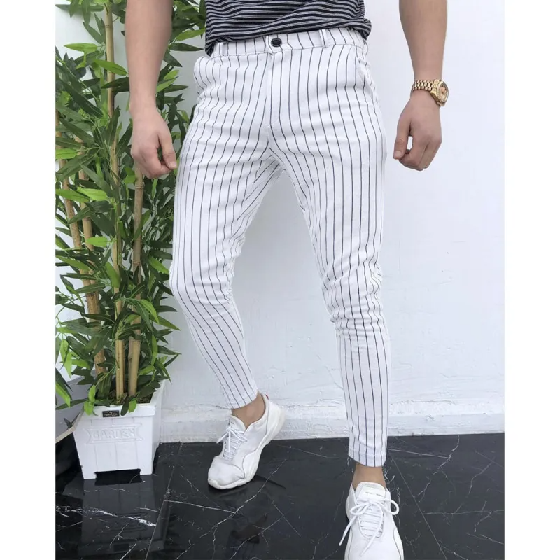 Men Casual Striped Print Mid Waist Skinny Pencil Pants