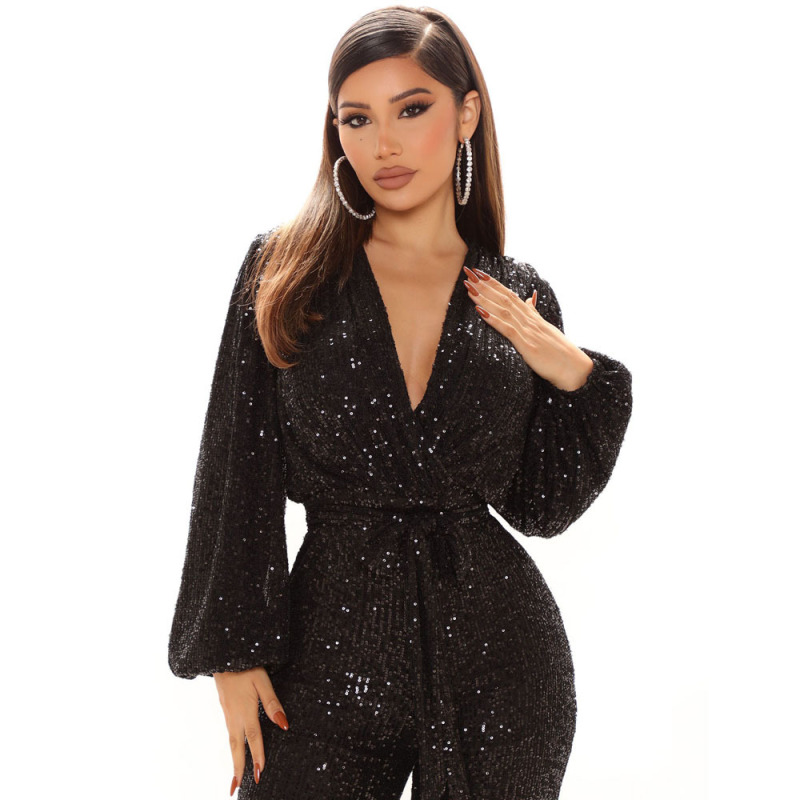 Women Solid Color V-Neck Long Sleeve Waist Sequin Fashion Jumpsuit