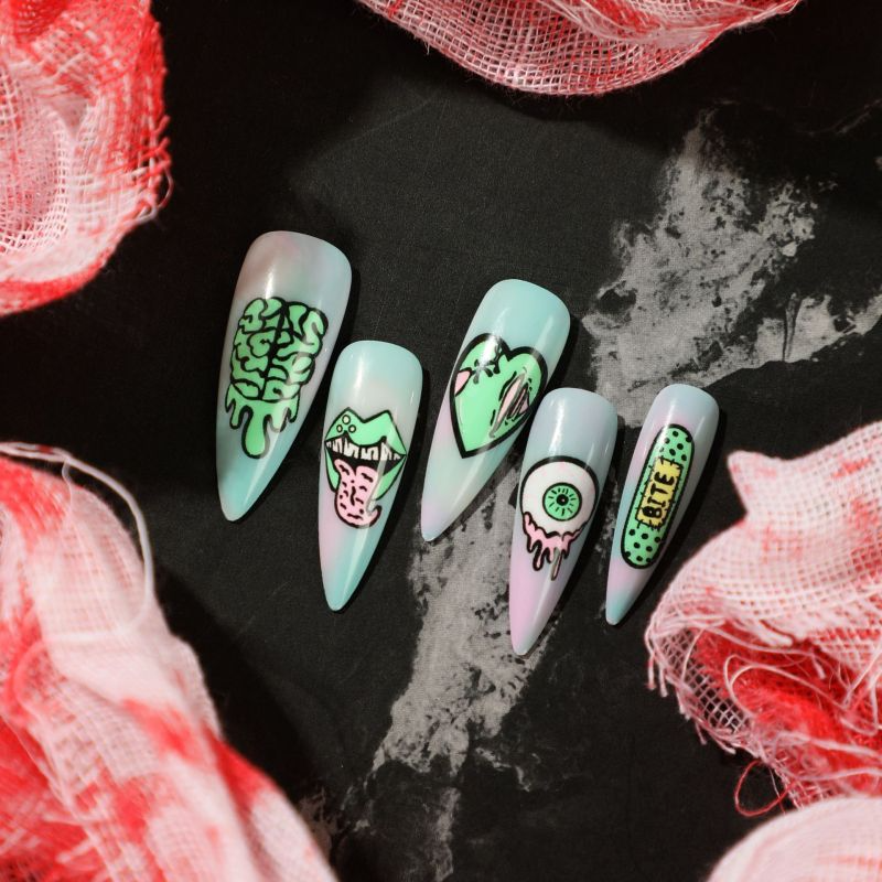 (Buy 1 Get 1) Women Fashion Halloween Star Smudged Green Heart Eyeball Lips Detachable False Nails