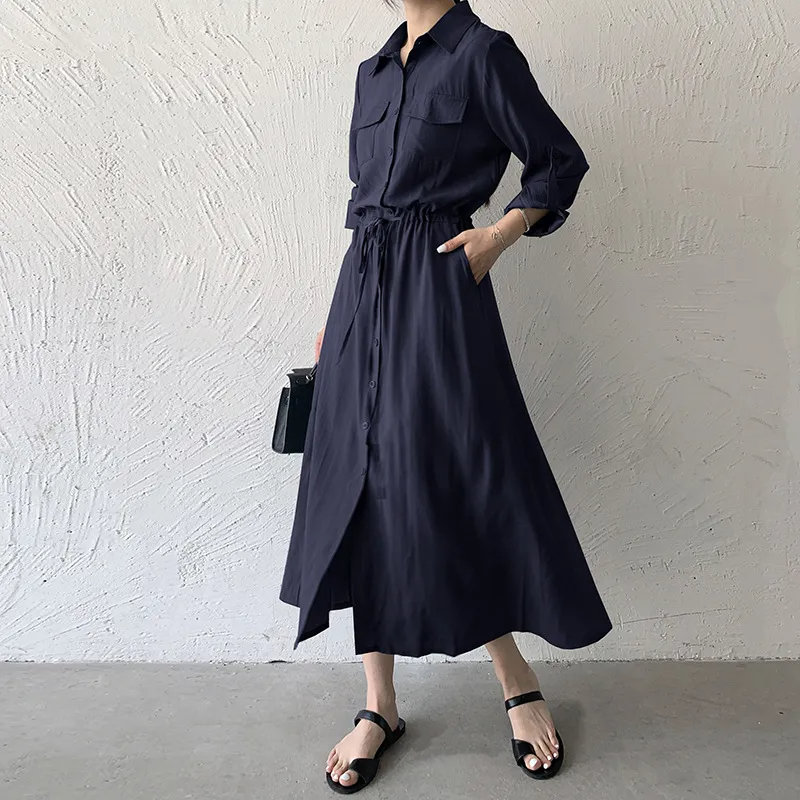 Women Ramadan /Eid Fashion Minimalist Casual Solid Color Lapel Short-Sleeve Drawstring Pocket Single-Breasted Dress
