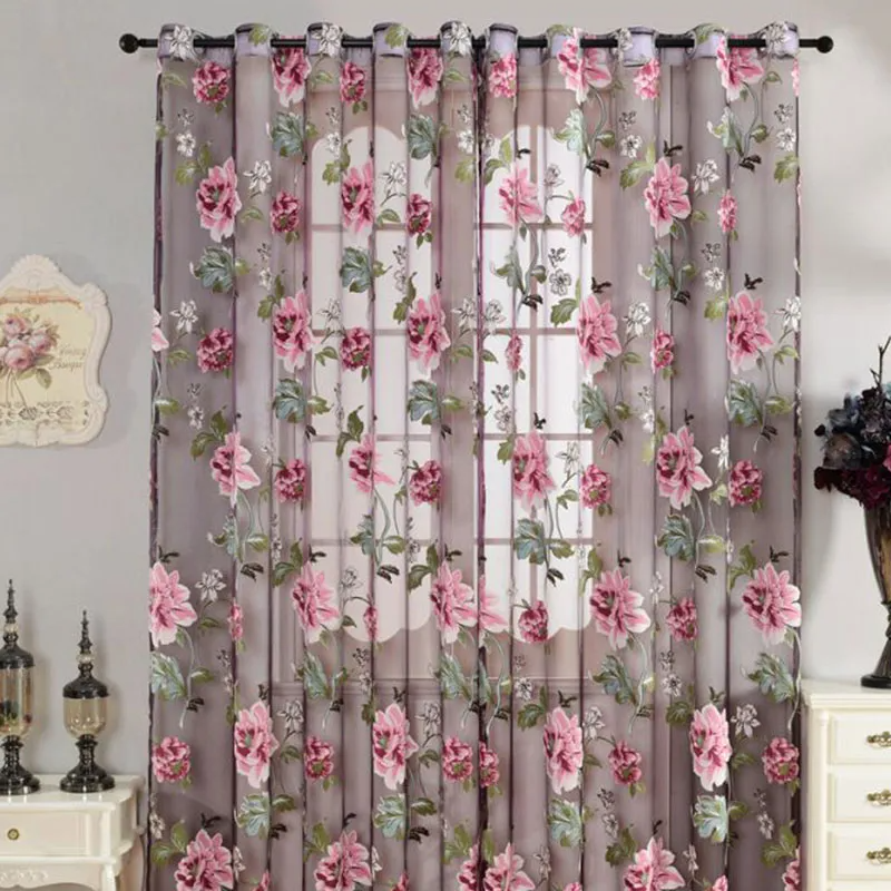 (Buy 1 Get 1) Beautiful Floral Print See-Through Home Bedroom Curtains