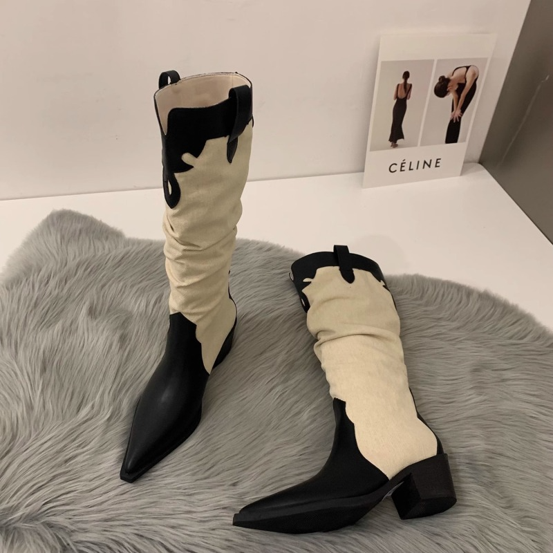 Women Fashion Retro Solid Color Pointed Toe Western Denim Heap Boots