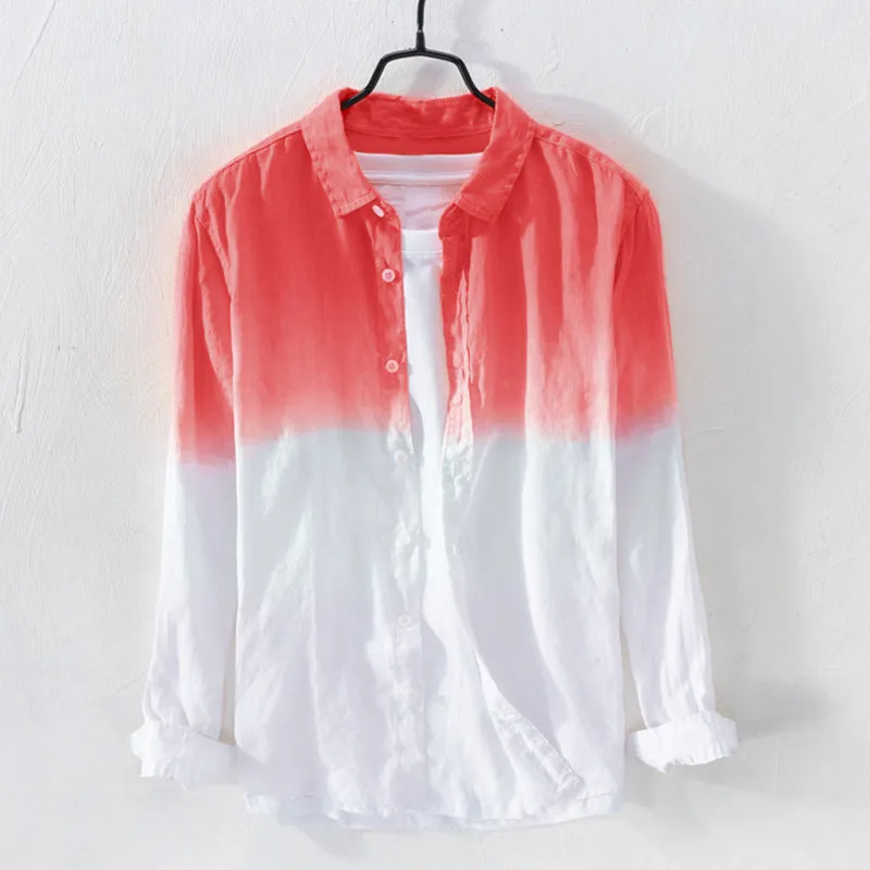 Summer Men Breathable Lapel Collar Hanging Dyed Gradient Color Cotton Long Sleeve Shirt