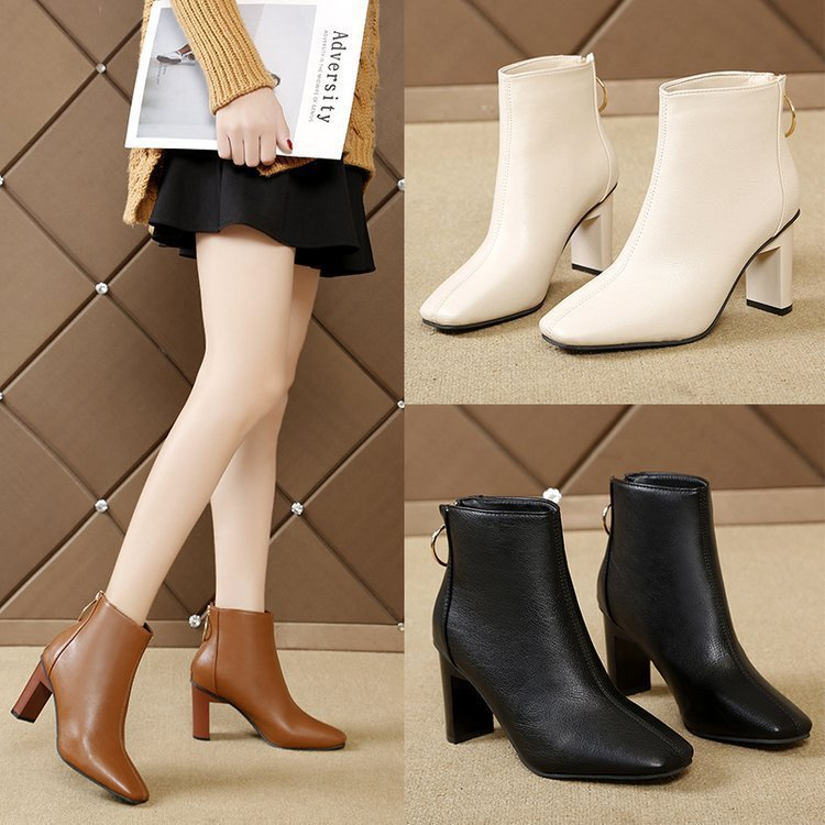 Women Fashion Solid Color Chunky Heel PU Boots