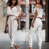 Women Fashion Elegant V Neck Pocket Solid Color Cool-Shoulder Jumpsuits