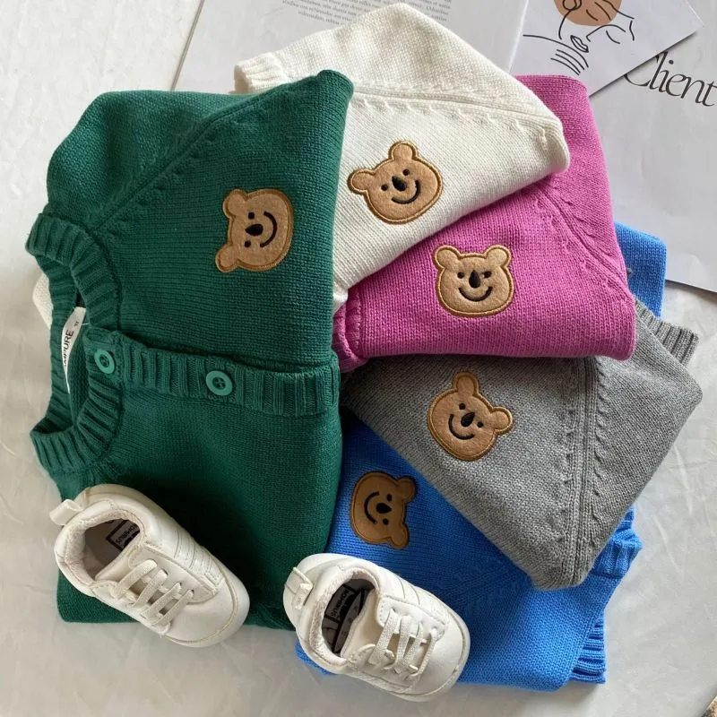 Children Kids Baby Fashion Girls Boys Casual Basic Long Sleeve Cartoon Bear Knitted Cardigan Coat