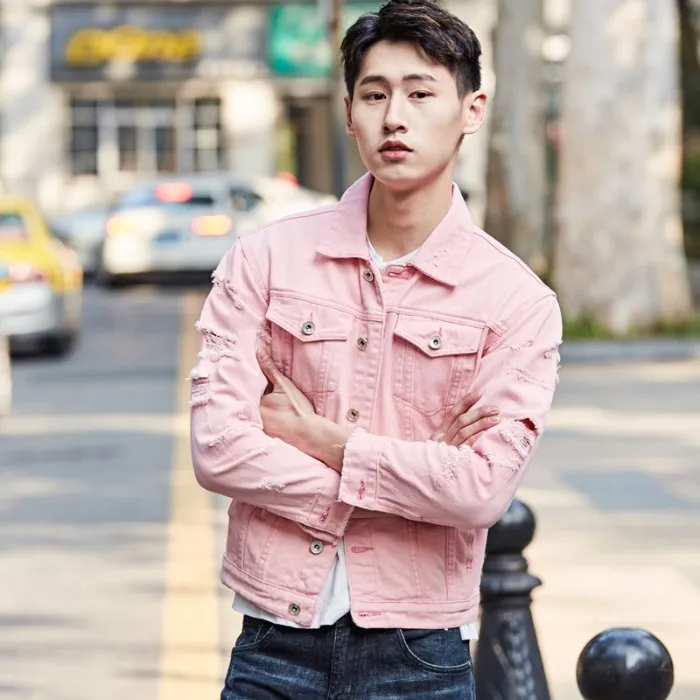 Men'S Fashion Solid Color Loose Ripped Cotton Denim Jacket