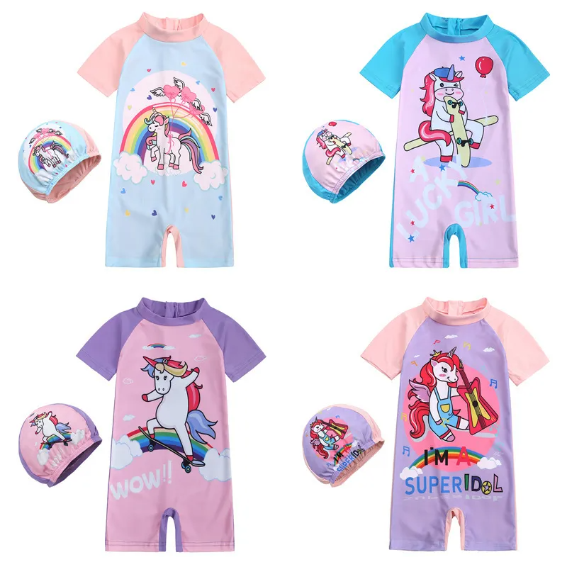 Children Kids Baby Fashion Girls Boys Short Sleeve Cartoon Print Swimsuit