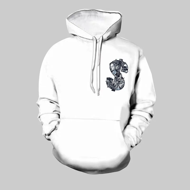 Men Casual Creative $ Skull Weapon Print Hooded Loose Sweatershirt