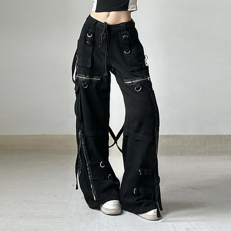 Women'S Fashion Punk Gothic Cool Metal Buckle Zipper Wide Leg Straight Loose Jeans