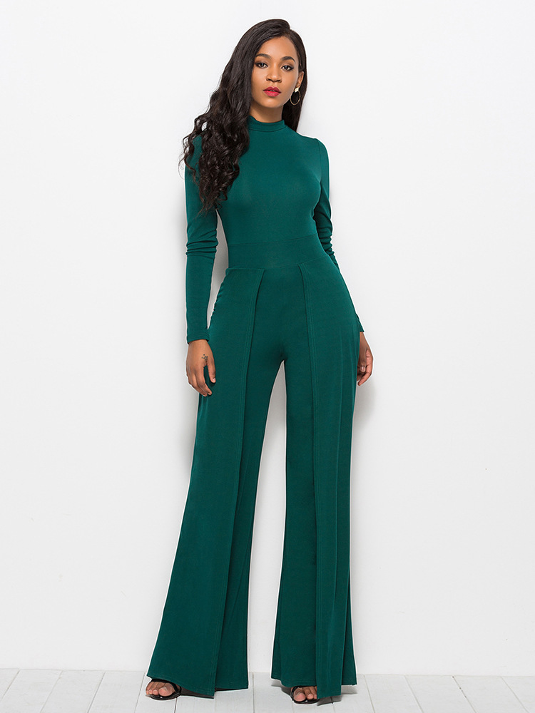 Women Solid Color Round Neck Long Sleeve Waist Slim Fashion Wide Leg Jumpsuit