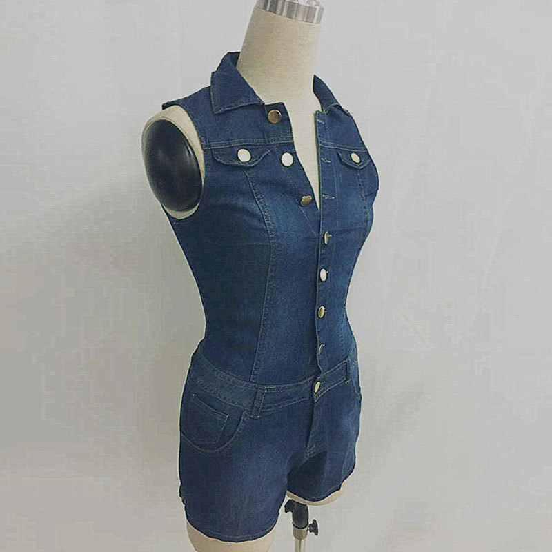 Buckle Hem Side-Slit Design Women Lapel Collar Denim Rompers