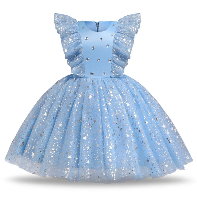 Kids Toddler Girls Summer Fashion Party Cute Sweet Solid Color Sequins Bow Pleated Sleeveless Mesh Party Tutu Dress