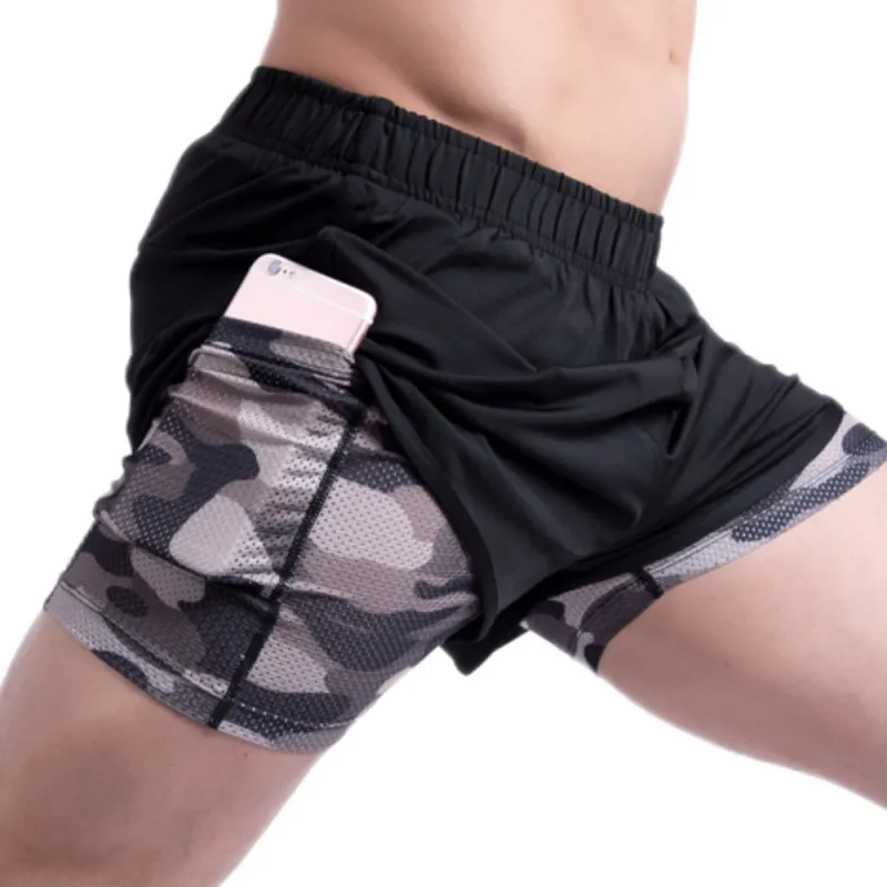 Men Casual Elastic Quick-Drying Fake Two-Piece Sports Shorts