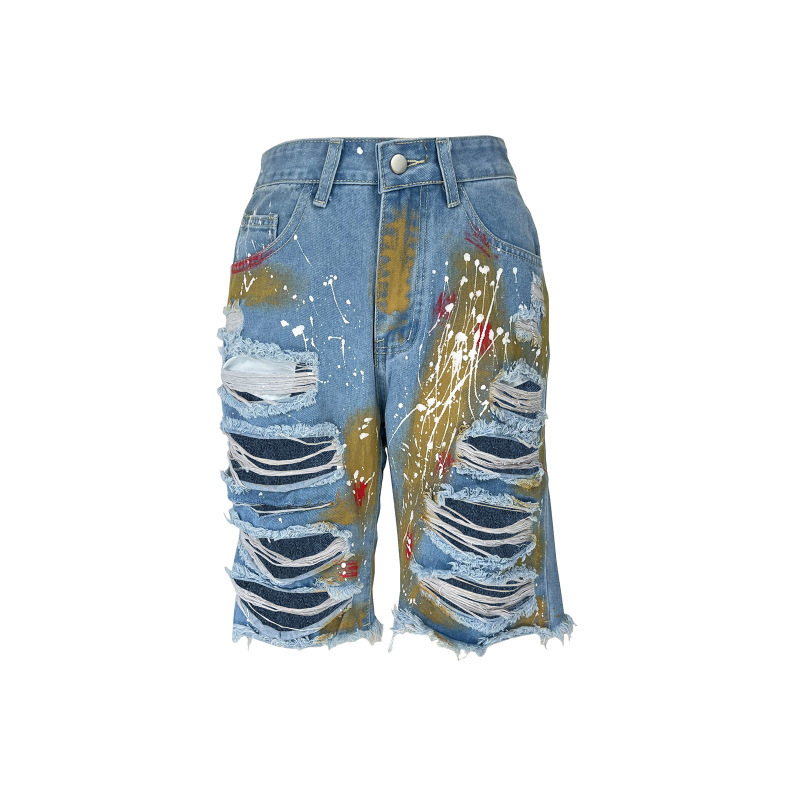 Women Fashion Casual Printed Ripped Denim Cropped Pants