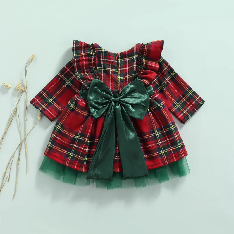 Kids Toddler Girls Fashion Casual Christmas Red Plaid Bow Round Neck Long Sleeve Dress