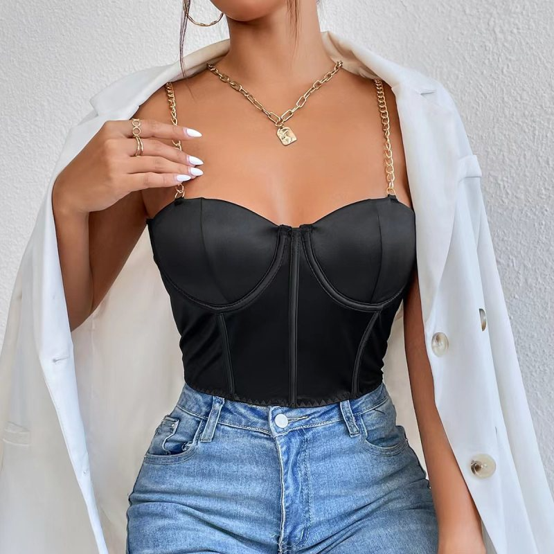 Women Sexy Black Golden Chain Spaghetti Strap Slim-Fit Cropped Camis Corset