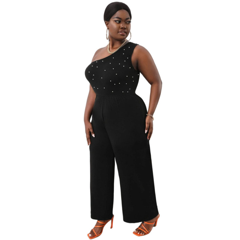 Plus Size Women Solid Color One-Shoulder Sleeveless Waist Wide-Leg Jumpsuit