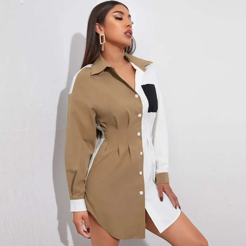 Women Casual Color Blocking Pocket Long-Sleeved Shirt Dress Blouse