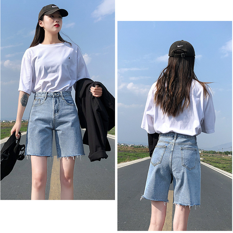 Women Loose Retro Raw Edge Straight Jean Wide Leg Denim Shorts