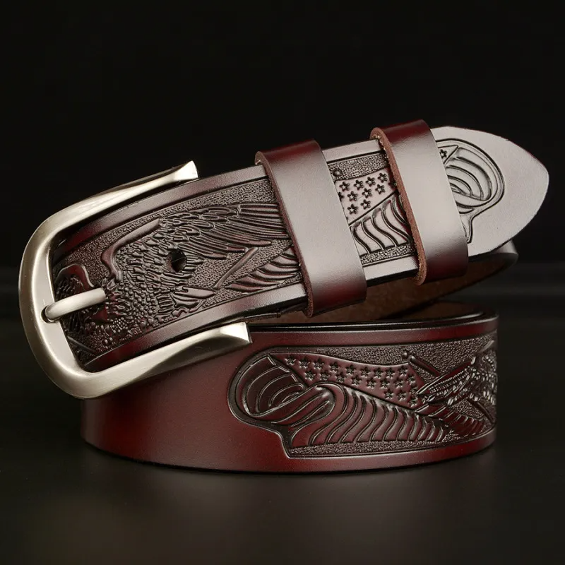 Men Fashion Casual Business Colorblock Carving Leather Metal Buckle Belt