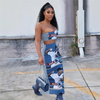 Women'S Fashion Graphic Print One-Shoulder Backless Sexy Slim Crop Top Back Slit Skirt Two-Piece Sets