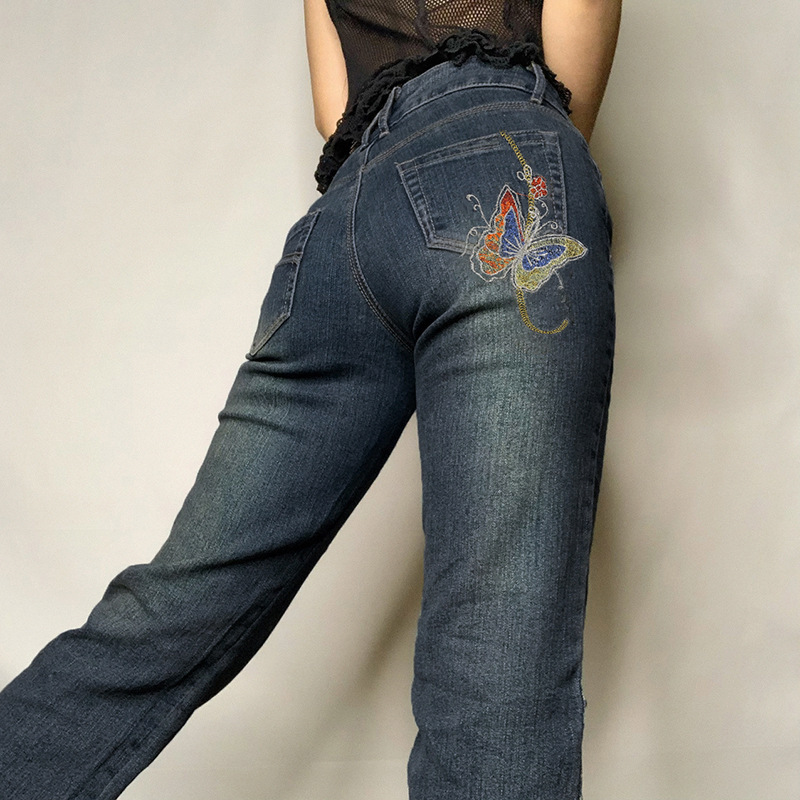 Women'S Vintage Butterfly Embroidery Low Rise Loose Fit Straight Leg Jeans