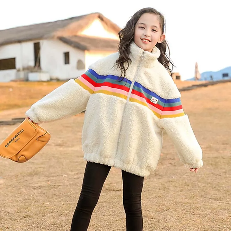 Kids Toddler Big Girls Autumn Winter Casual Cute Rainbow Color Lamb Zipper Stand Collar Long Sleeve Coat