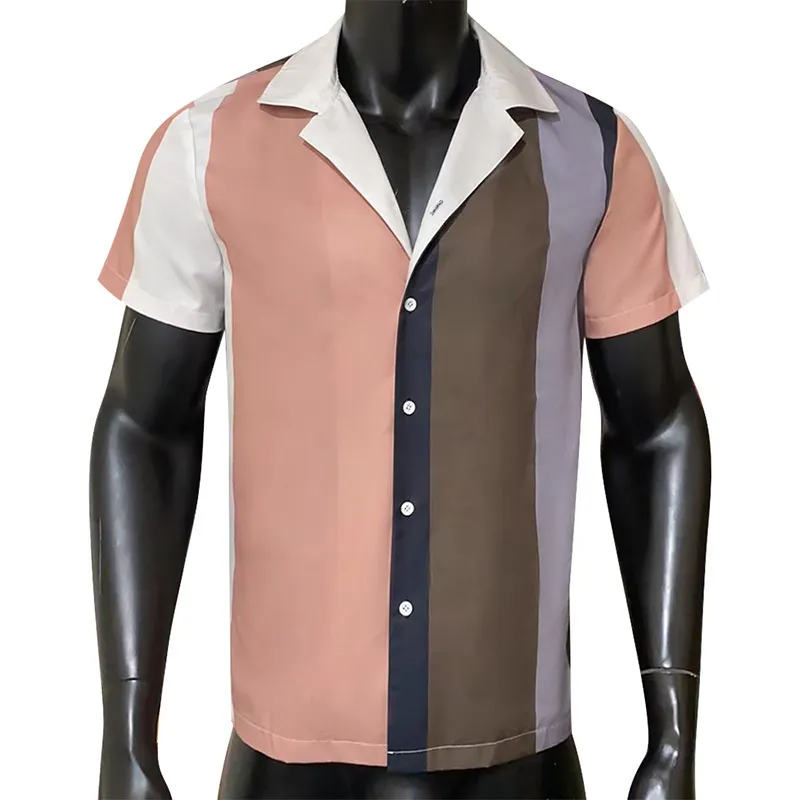 Men'S Casual Lapel Short-Sleeved Stripe Blocking Striped Printed Shirt