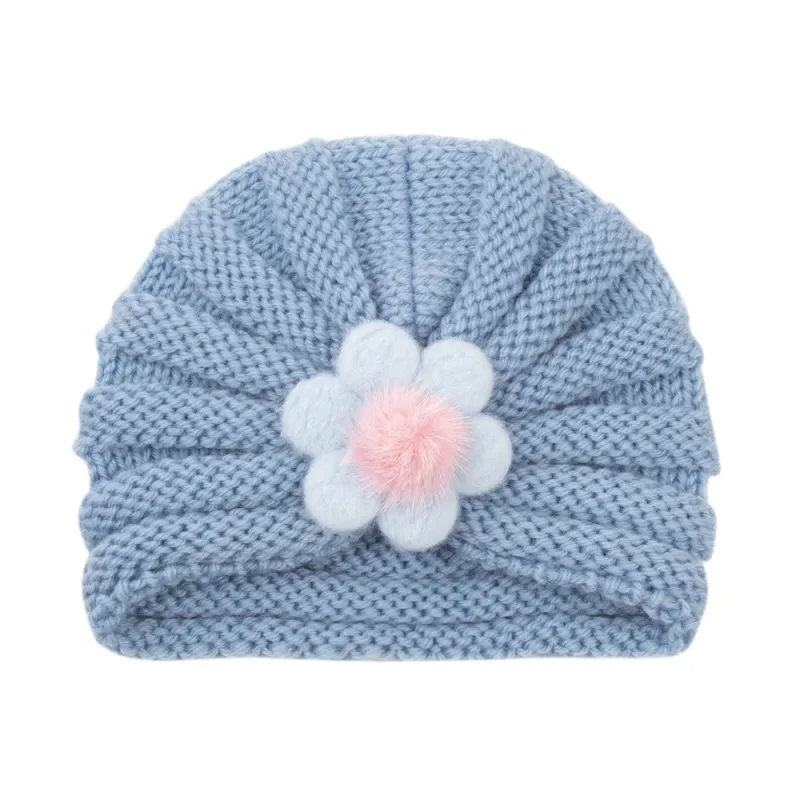 Kids Simple Solid Color Big Flower Warm Woolen Knitted Pullover Hat