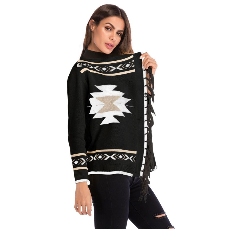 Ethnic Geometric Knitting Tassel Fringed Long-Sleeve Knitted Cardigan