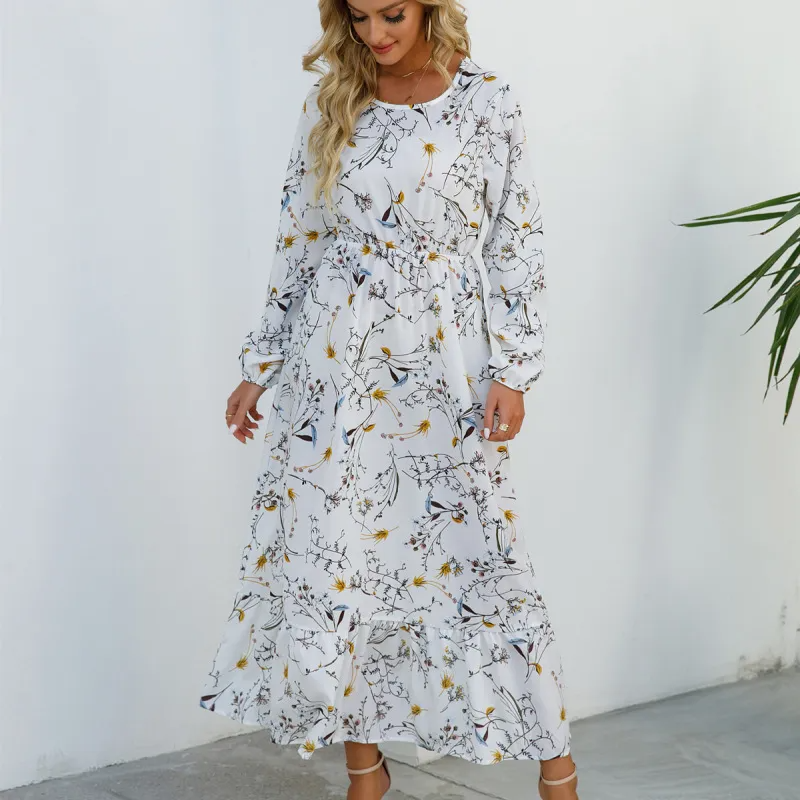 (Buy 1 Get 1) Women Ramadan /Eid Fashion Casual Floral Print Round Neck Long Sleeve Maxi Dress