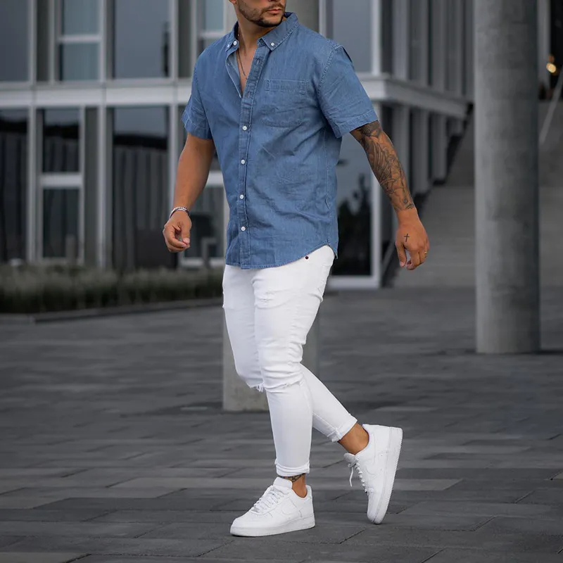 Men'S Fashion Solid Color Imitation Denim Short Sleeve Loose Shirt
