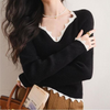 Women Black White Color Matching V-Neck Slim Pullover Knitted Top