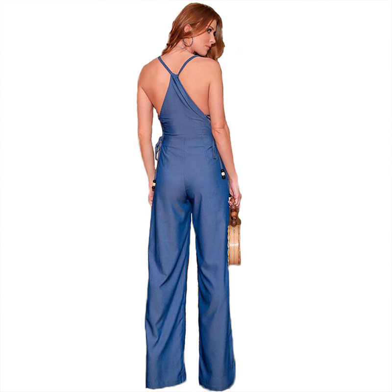 Women Sexy V-Neck Bandage Sling Loose Denim Jumpsuits