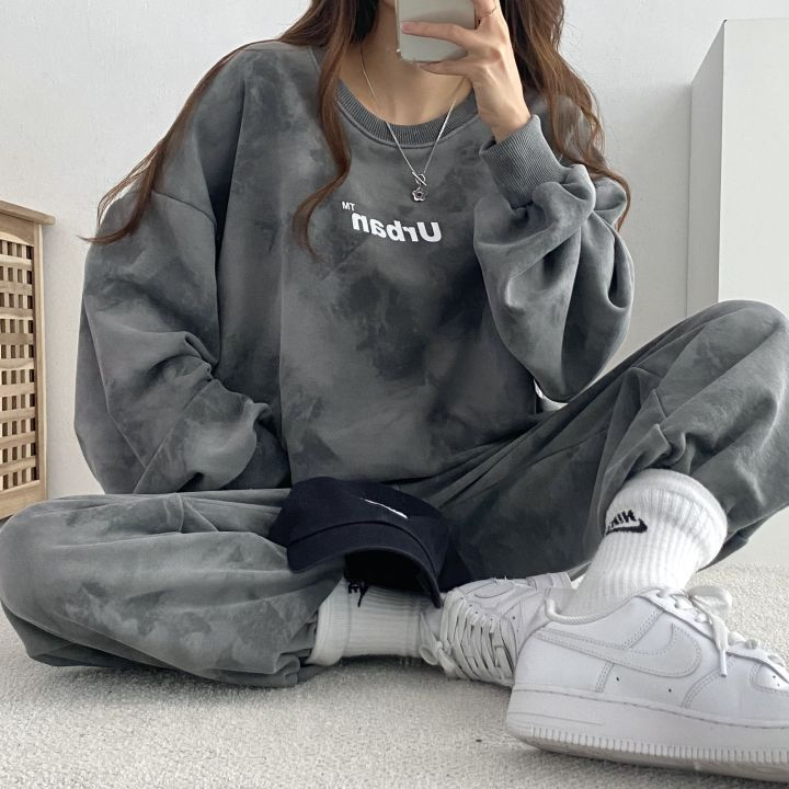 Women Fashion Casual Athleisure Cotton Long-Sleeved Sweatshirt Pants Two-Piece Sports Streetwear Set