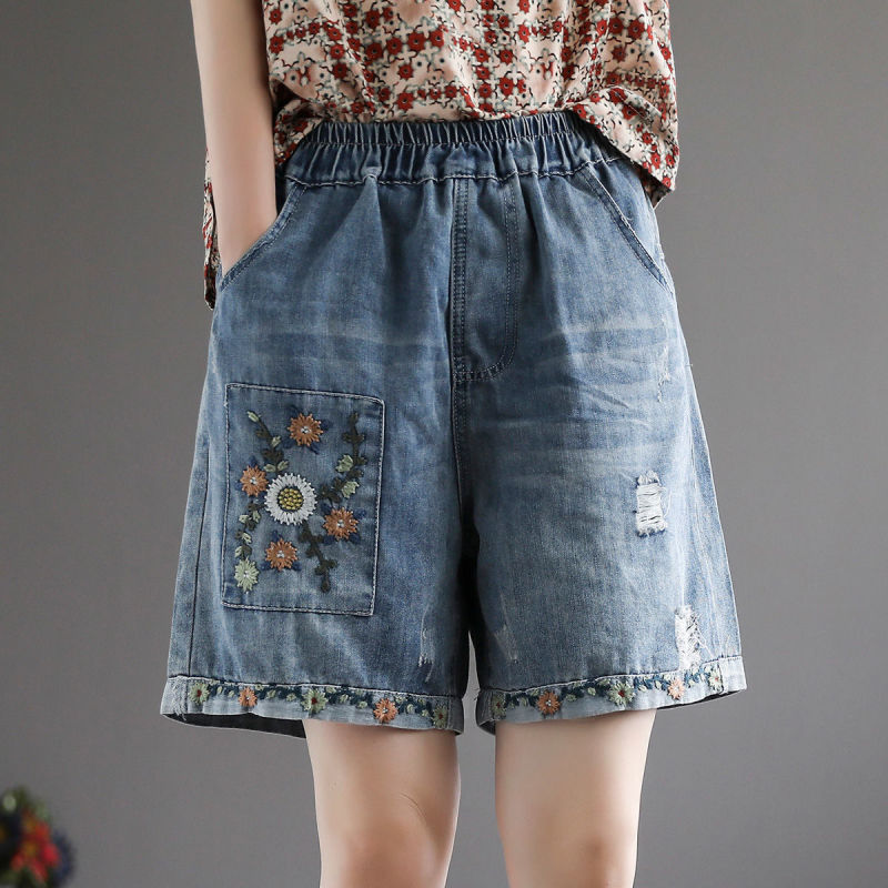 Women Fashion High Waist Embroidered Ripped Denim Shorts