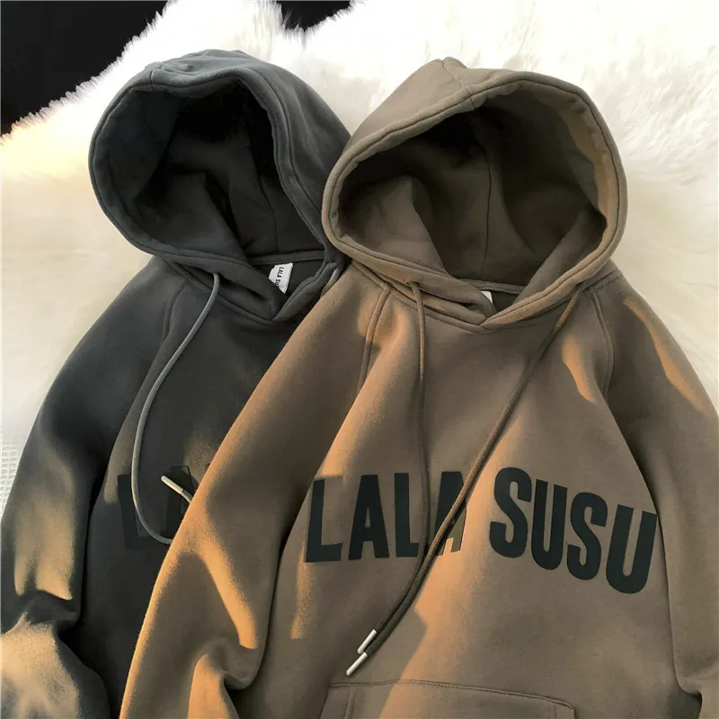 Men'S Casual Retro Letter Print Hooded Loose Long-Sleeved Hoodies