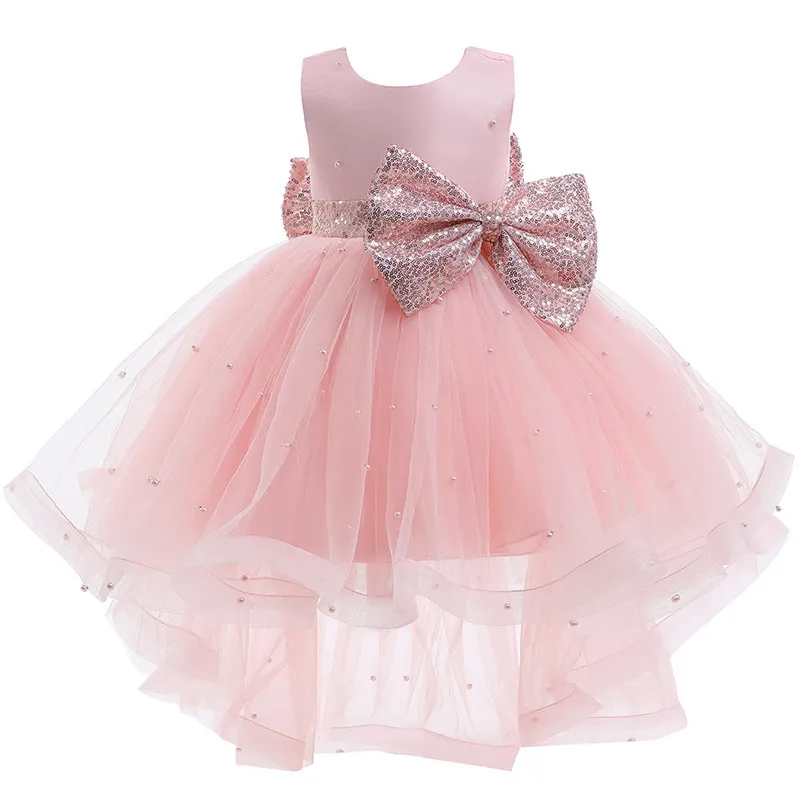 Kids Toddler Big Girls Fashion Party Cute Sweet Solid Color Sequins Bow Pearl Pleated Sleeveless Mesh Party Tutu Dress