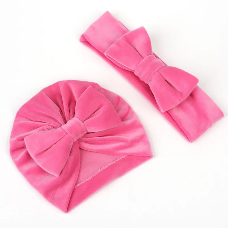 Mother And Child Simple Solid Color Bowknot Velvet Hat Two-Piece Set