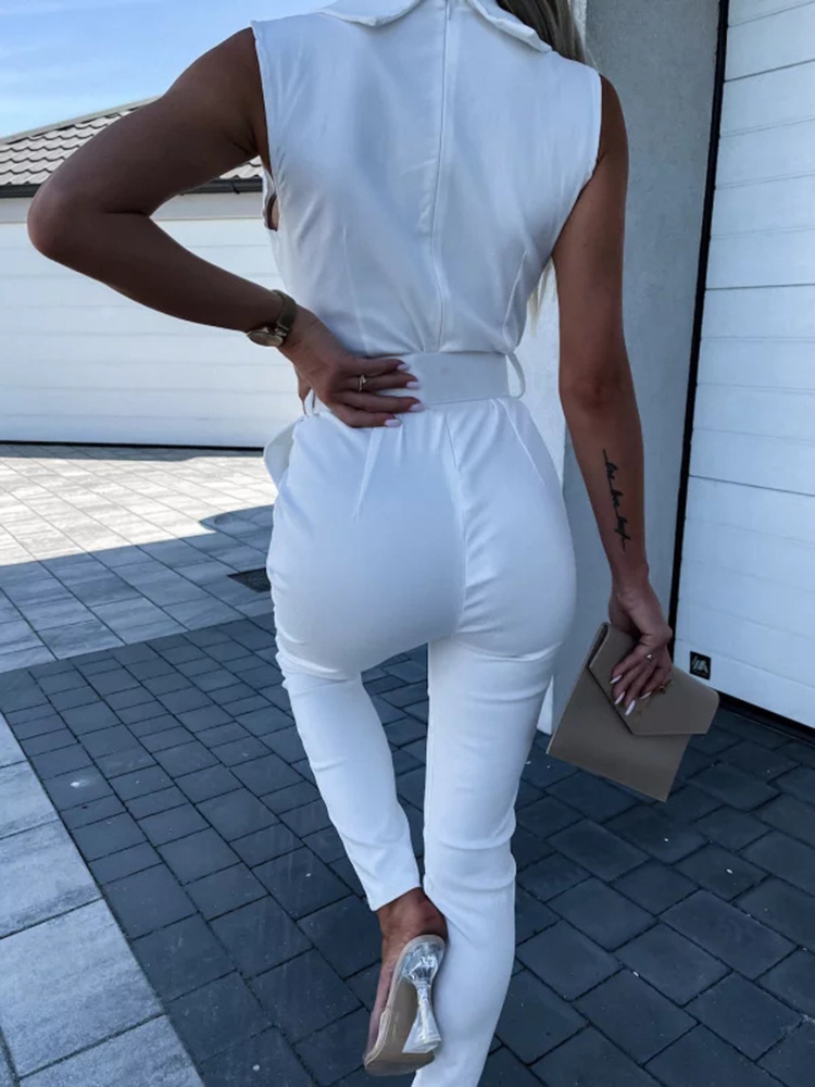 Women Solid Lapel Button Waist Sleeveless Jumpsuit