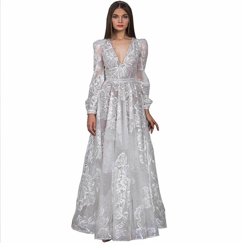 Women Fashion Lace Embroidery Dress Bride Temperament V-Neck Long Sleeve Sequin Wedding Dress