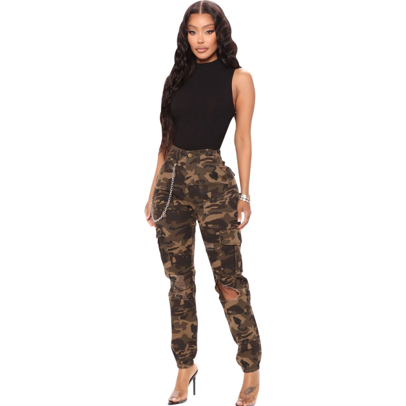 Women Summer Fashion Camouflage Printed Casual High Waist Ripped Pants