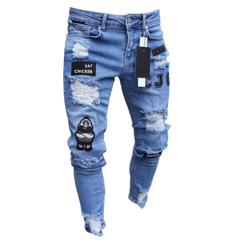 Men Fashion Casual Hip Hop Skinny Solid Color Badge Ripped Jeans