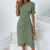 Women'S Fashion Casual Floral Printing Puff Sleeve Irregular Elegant Midi Dress