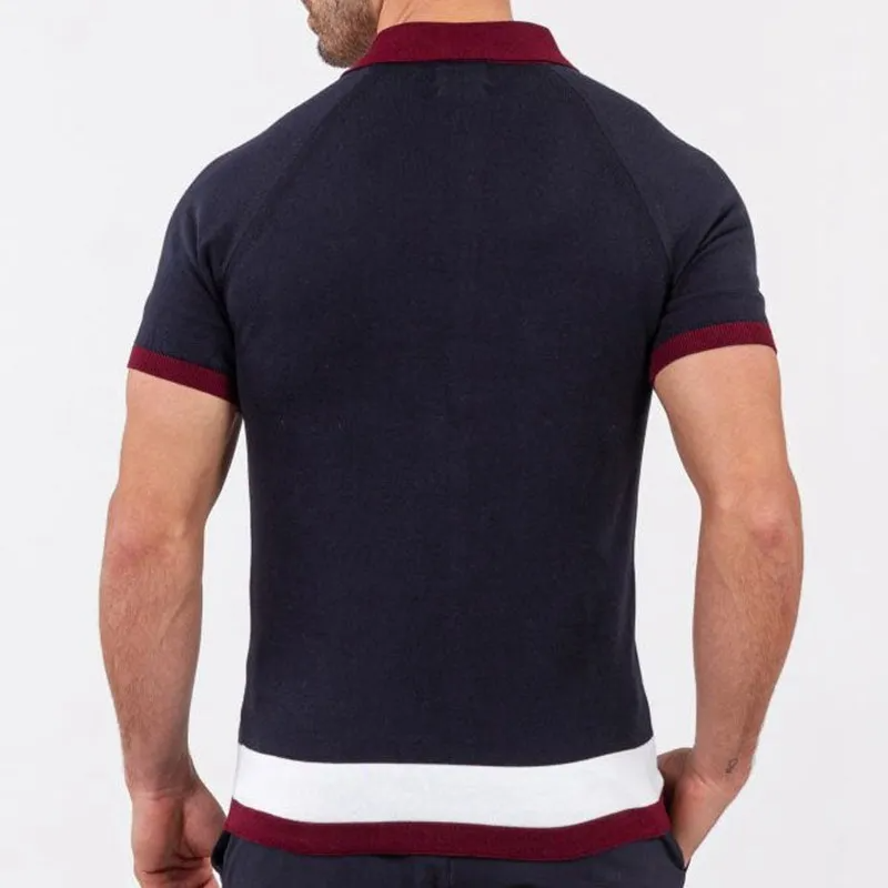 Men Casual Single-Breasted Stitching Contrast Color Short-Sleeved Knitted Polo Shirt