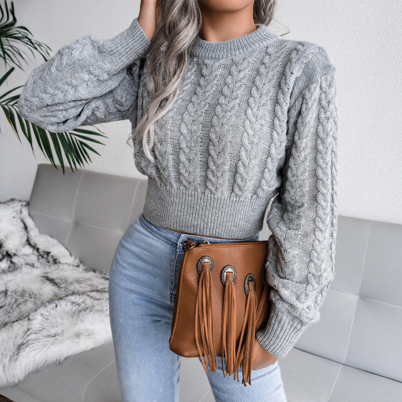Fashion Casual Autumn Winter Solid Color Braided Long Sleeve Cropped Knitted Sweater