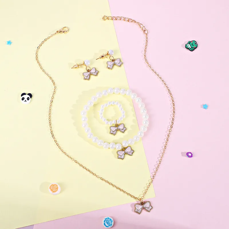 (Buy 1 Get 2) Children Kids Baby Fashion Girls Pearl Cute Alloy Drip Oil Bow Knot Necklace Bracelet Ring Earrings