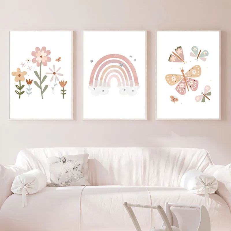 (Buy 1 Get 2) Pink Small Fresh Flower Rainbow Canvas Painting Kids Bedroom Poster Frameless Painting Core