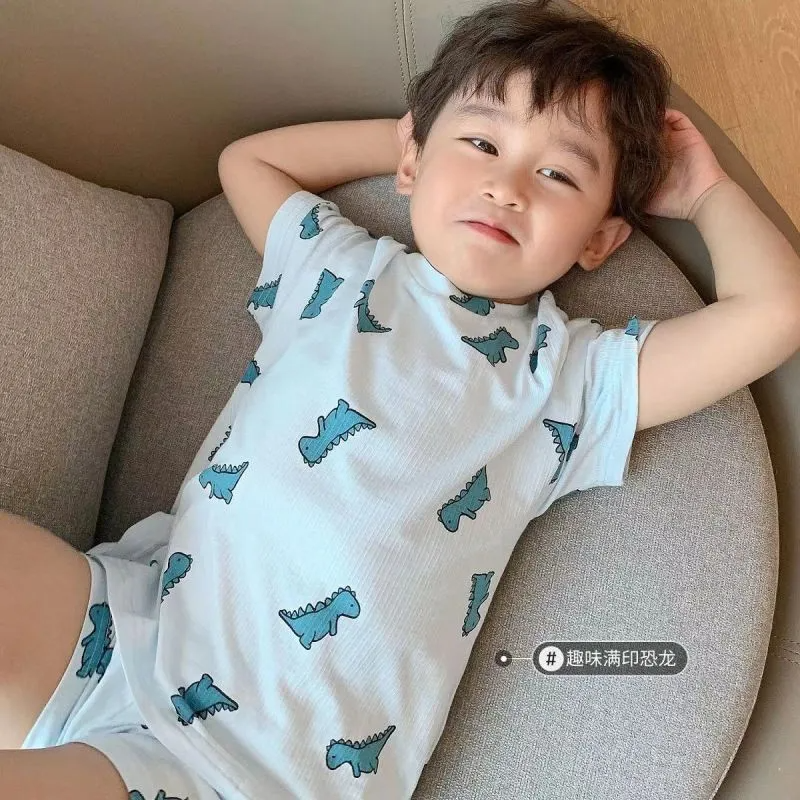 (Buy 1 Get 1)  Children Kids Baby Fashion Girls Boys Short Sleeve Cartoon Print Top And Short 2pcs Pajamas Set